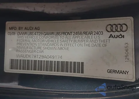 2009 Audi A5 3.2L из США, поврежденный, VIN WAUDK78T29A049174